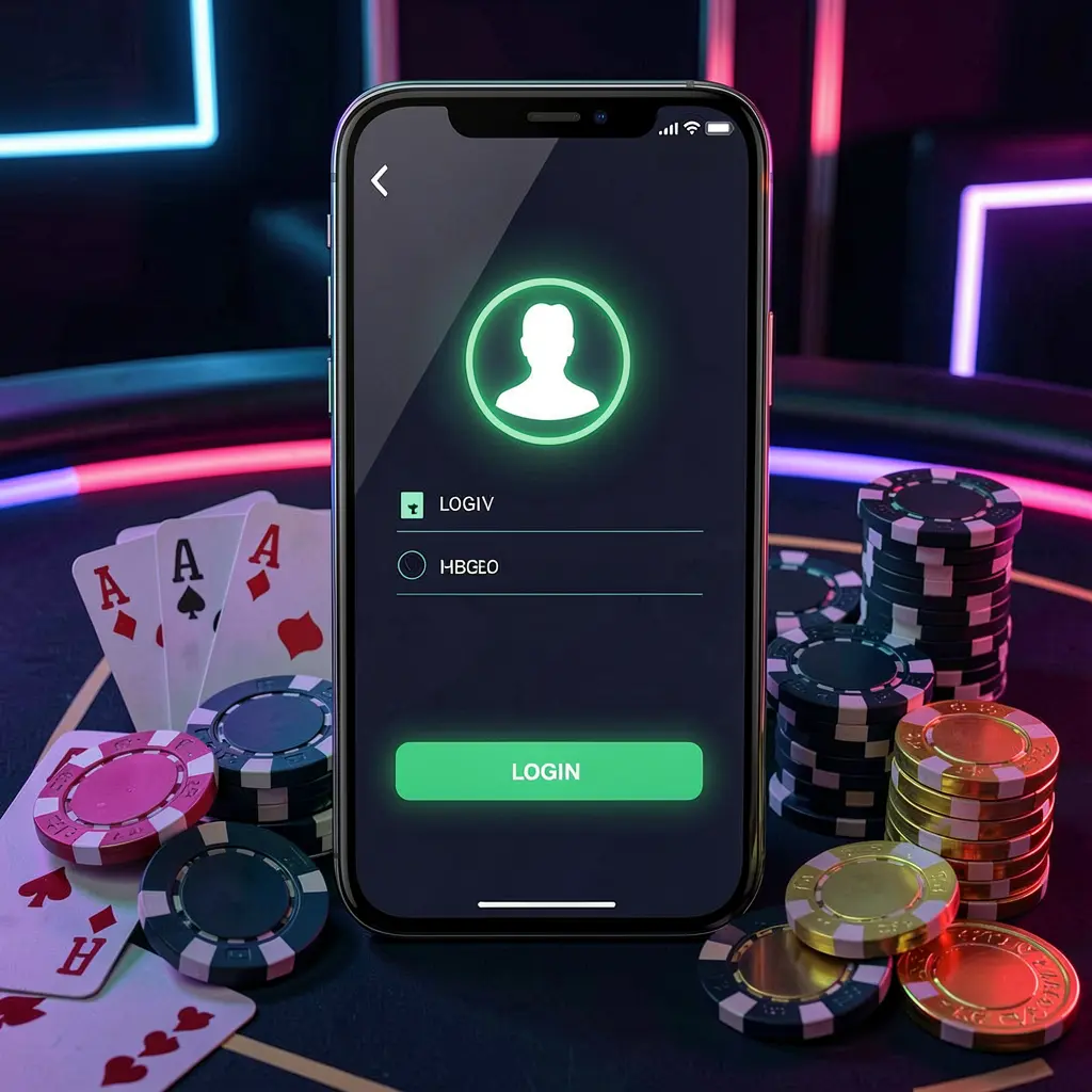 TK6888 casino app login scene on smartphone with glowing user profile icon, surrounded by chips, cards, and coins against an elegant dark background with neon highlights