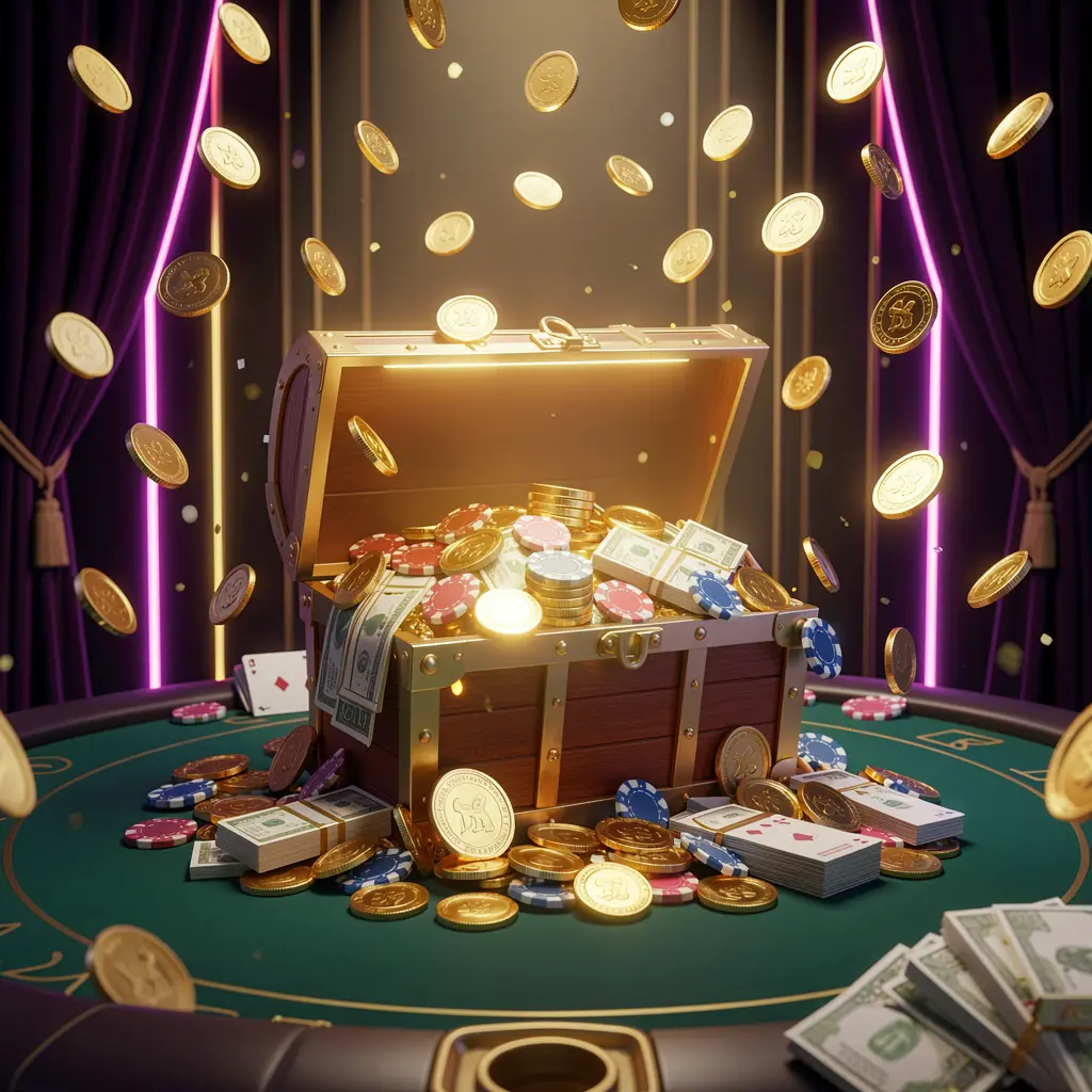 TK6888 premium online casino bonus banner featuring golden coins flying in the air and a glowing treasure chest full of chips and cash against a luxury dark background with neon accents in an elegant casino style