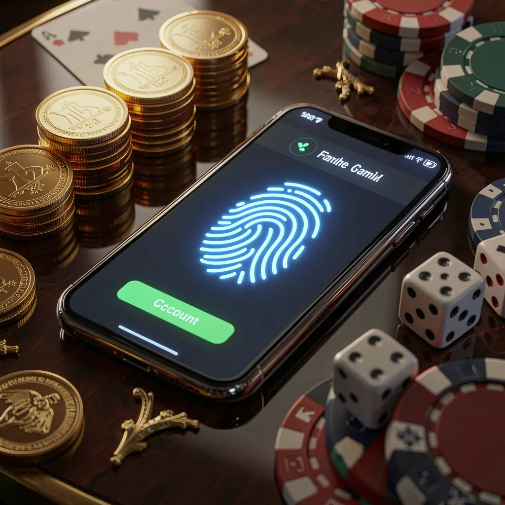TK6888 online gaming account access scene showing a smartphone with a glowing fingerprint icon surrounded by golden coins, dice, and poker chips on a glossy table with cinematic lighting