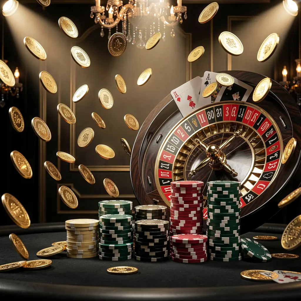 TK6888 online casino main page background featuring dramatic casino lights, golden coins flying, stacked poker chips in the foreground, and a roulette wheel behind in a luxury black and gold atmosphere