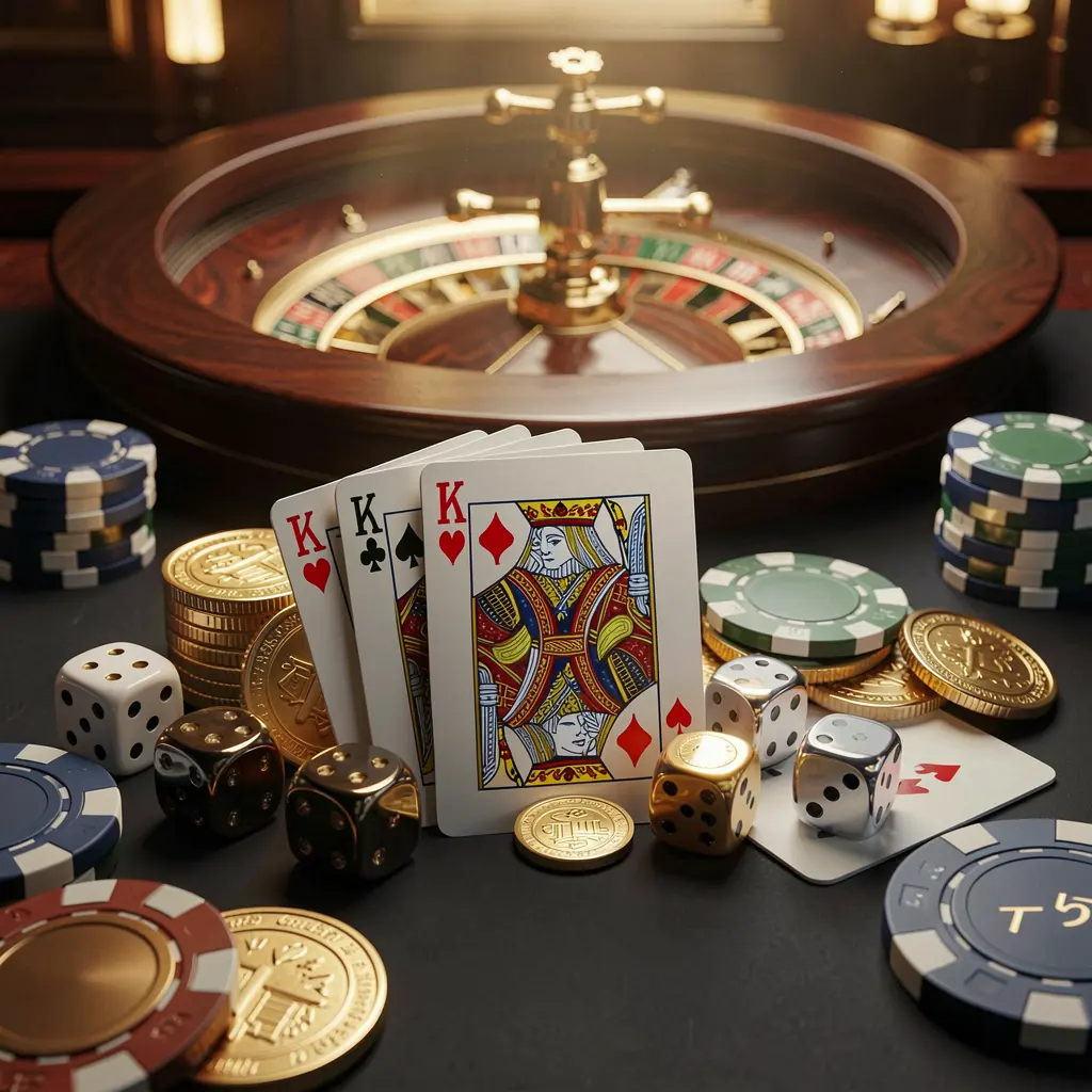 Elegant online casino homepage featuring TK6888 brand with royal flush cards, dice, golden coins, poker chips on a dark table, and a glowing roulette wheel in the background
